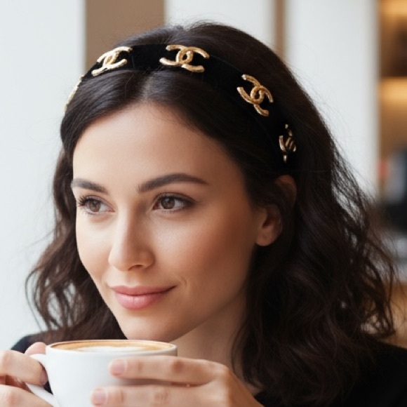 Black velvet Headband with Gold base Logo Accents NEW - Picture 1 of 8